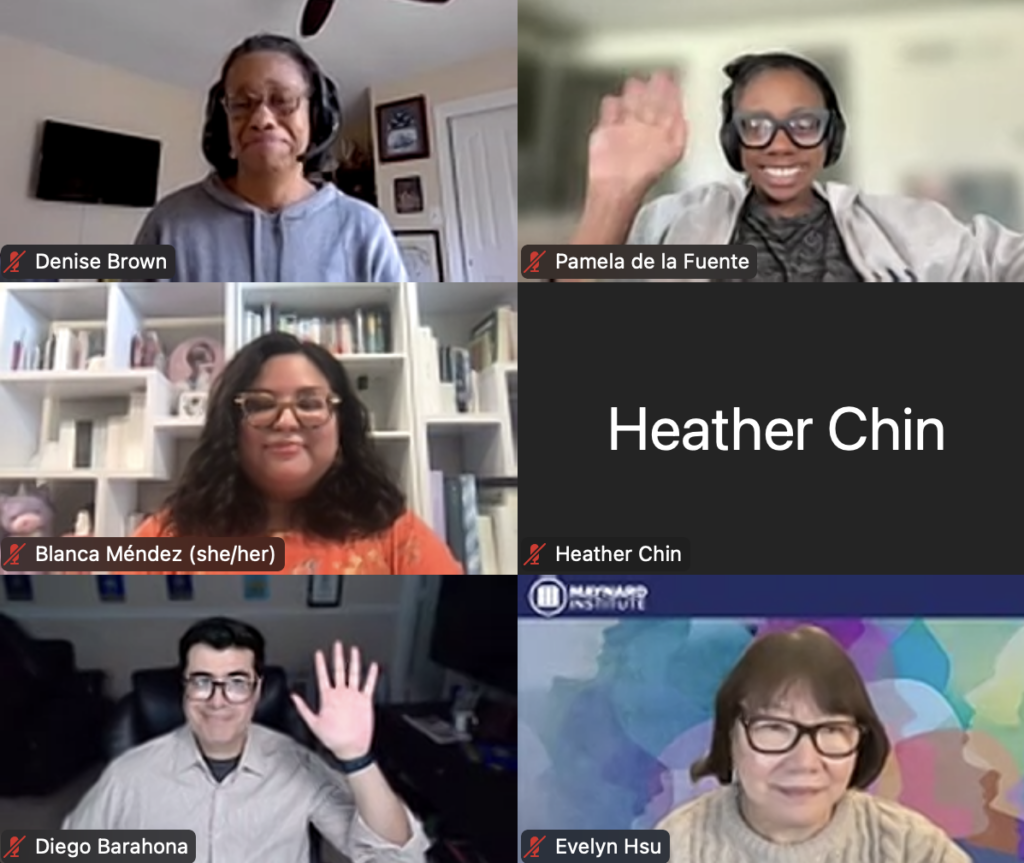 A screenshot of a zoom meeting, five people smile and wave at one another while a fifth person is absent and their screen is blank and simply shows their name.